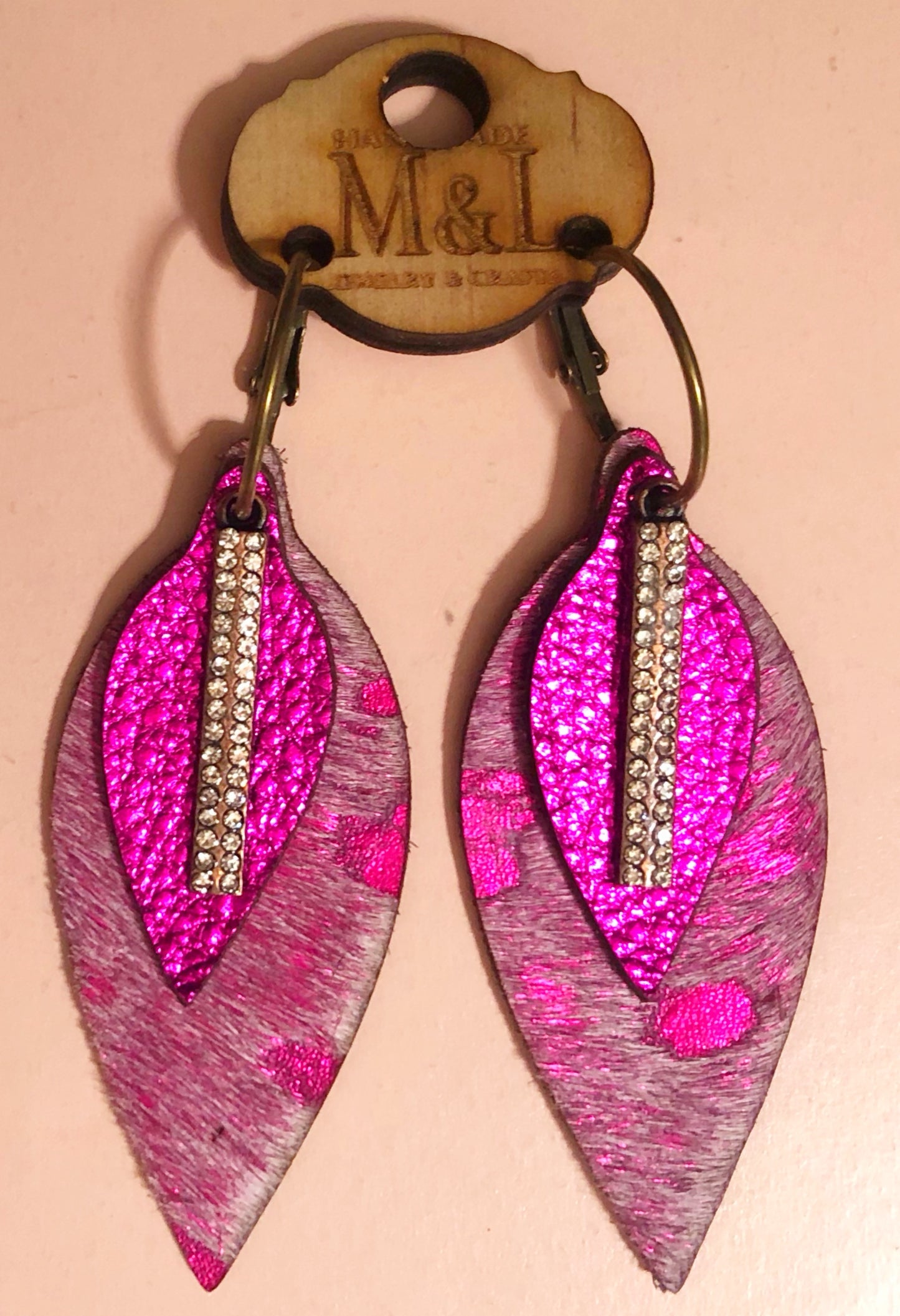 Hot Pink Leather Pave Earrings