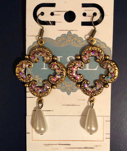 Bronze AB Crystal Pearl Quatrefoil Earrings