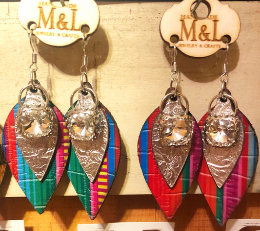 Serape Leather Crystal Charm Earrings