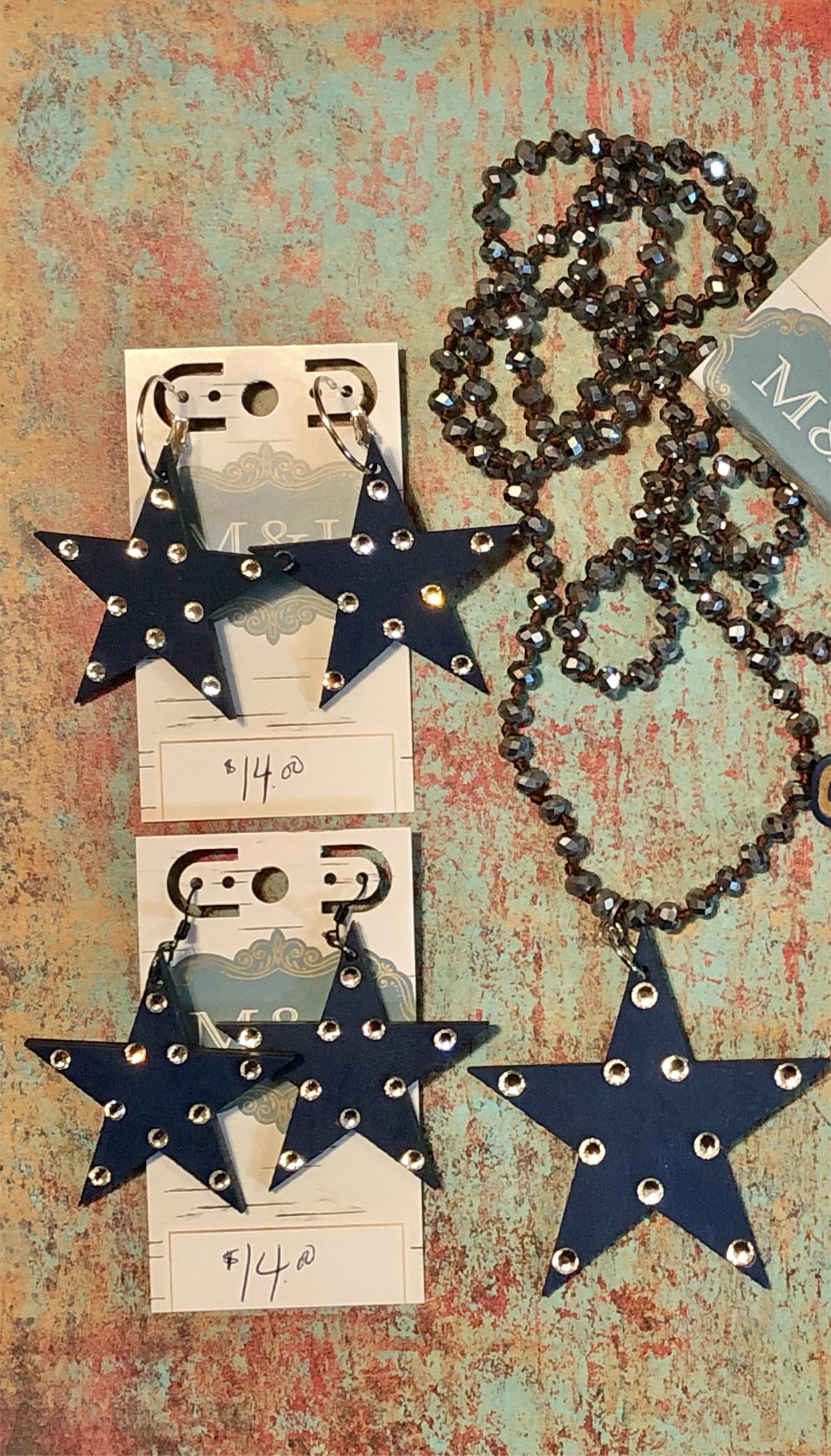 Wooden Navy Blue/Clear Star Earrings