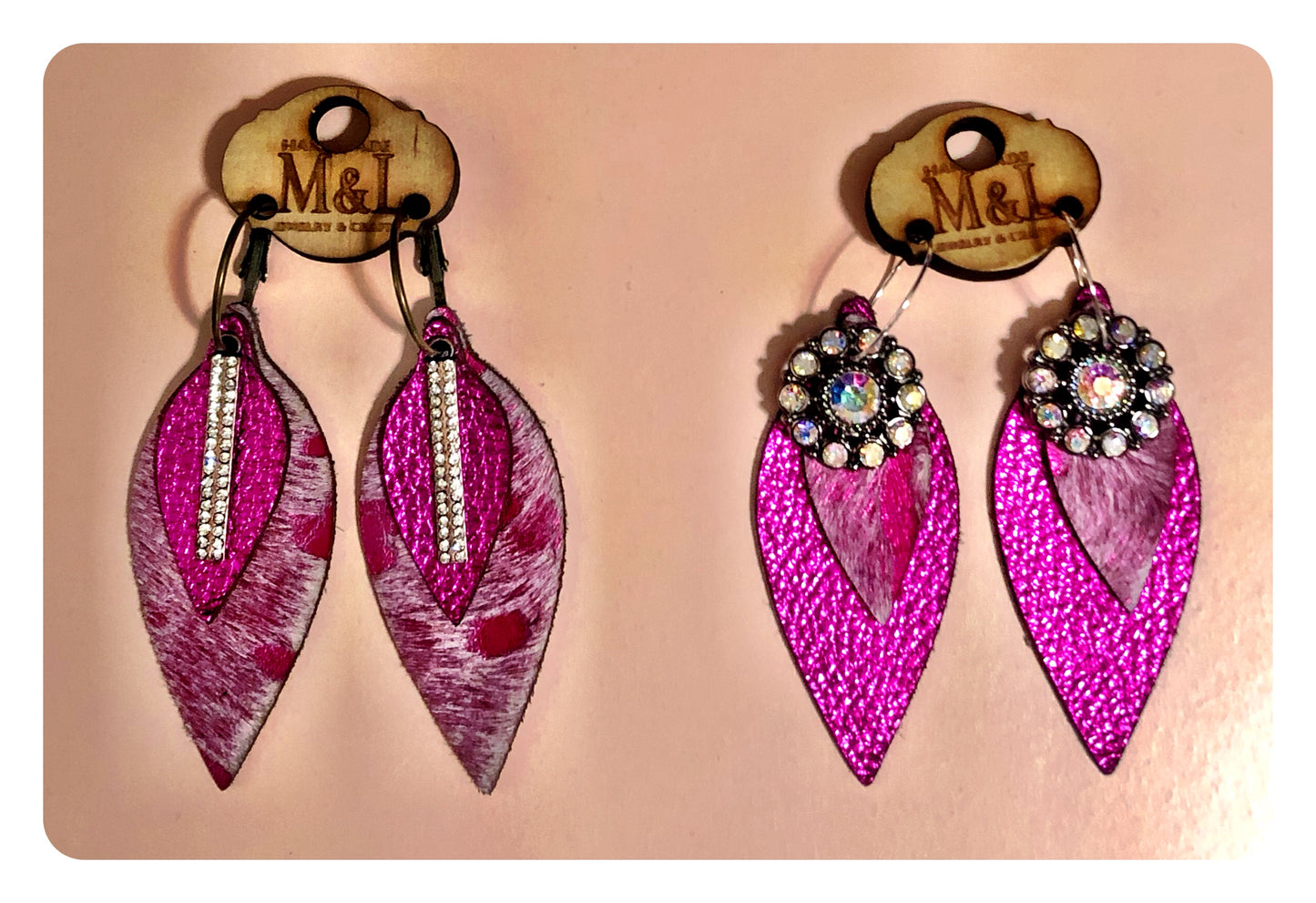 Hot Pink Leather Pave Earrings