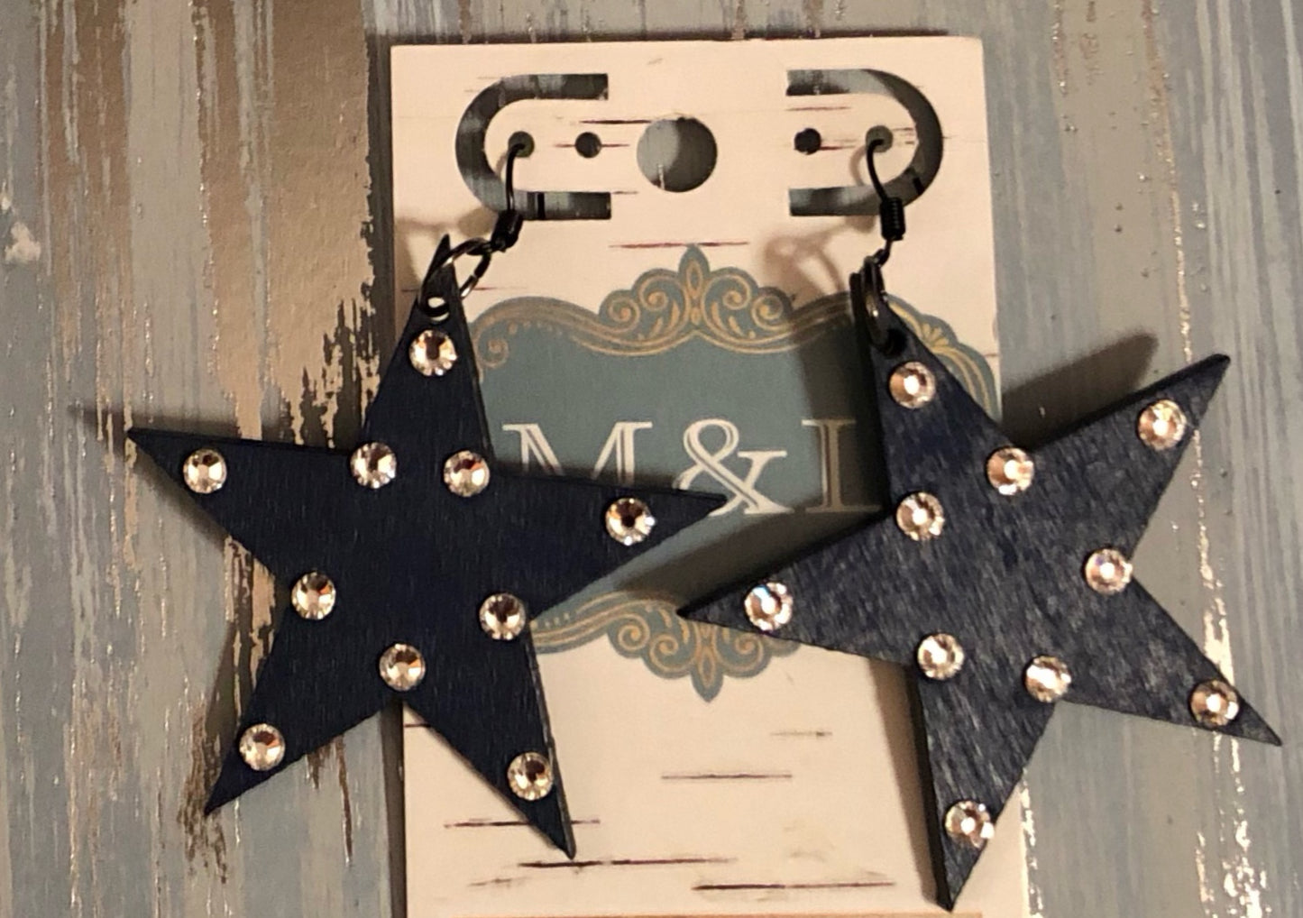 Wooden Navy Blue/Clear Star Earrings