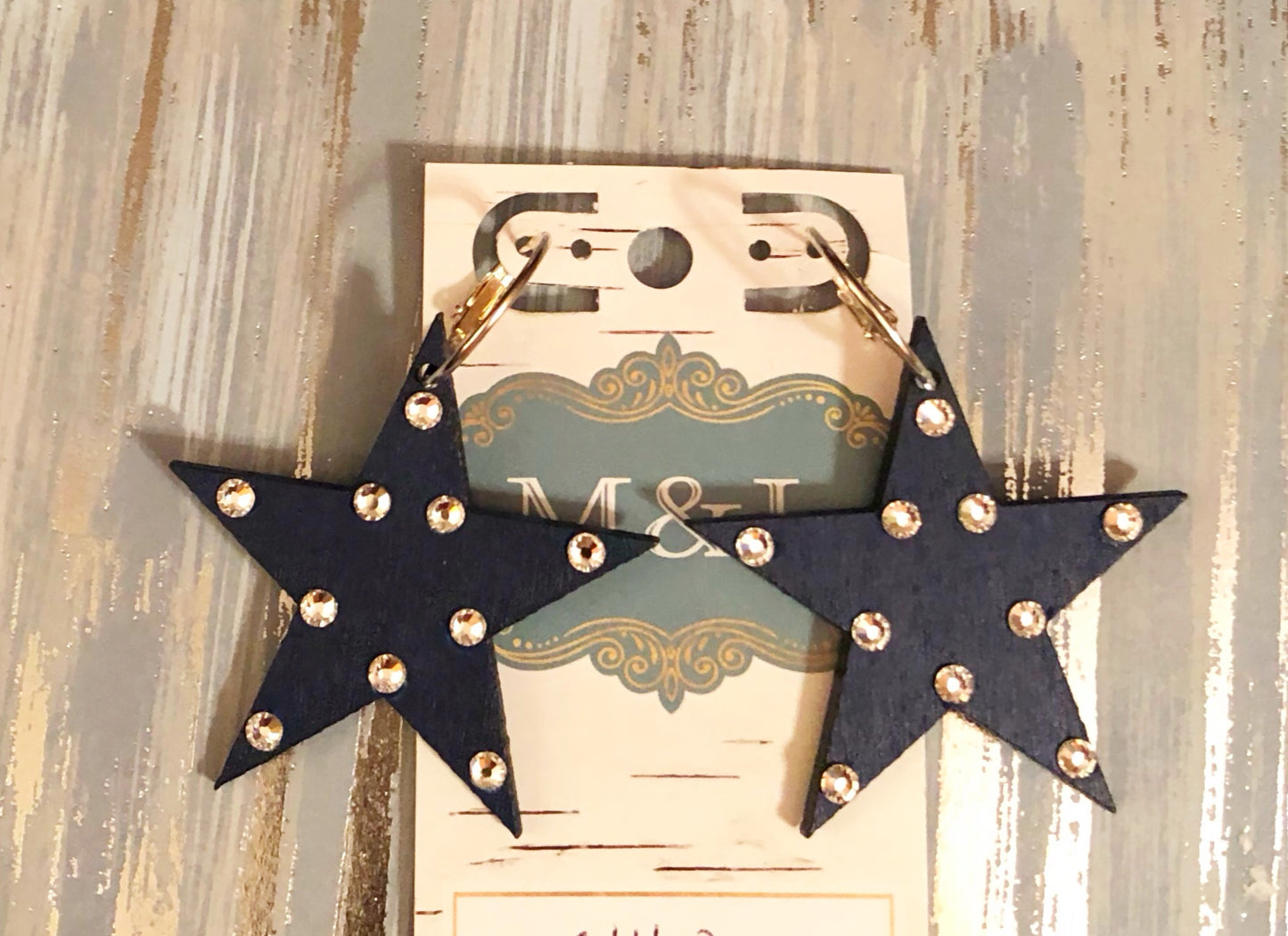 Wooden Navy/Clear Star Earrings