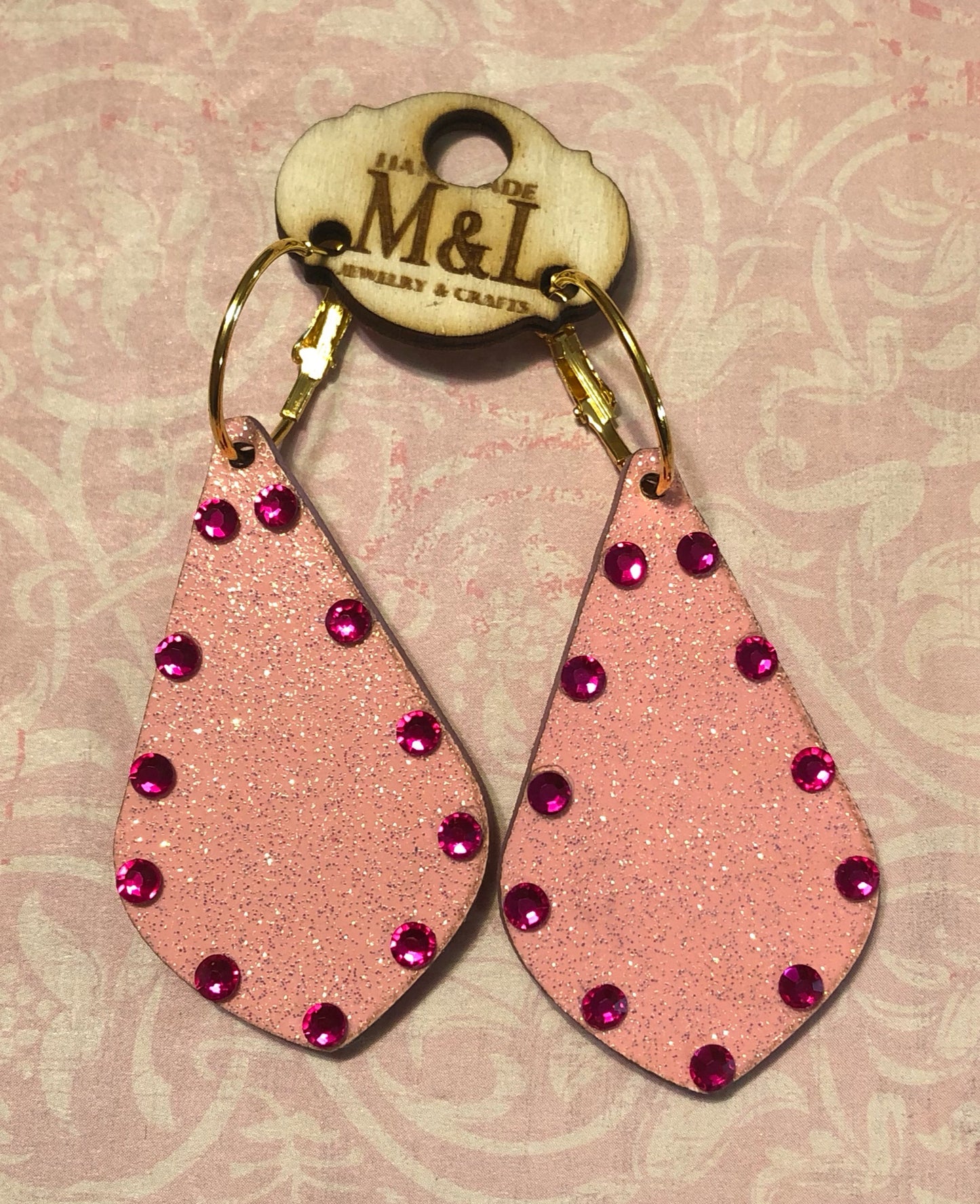 Light Pink/Pink Crystal Wooden Earrings