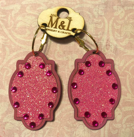 Pink/Pink Crystals Wooden Earrings