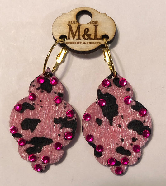 Pink/Pink Cow Wooden Earrings