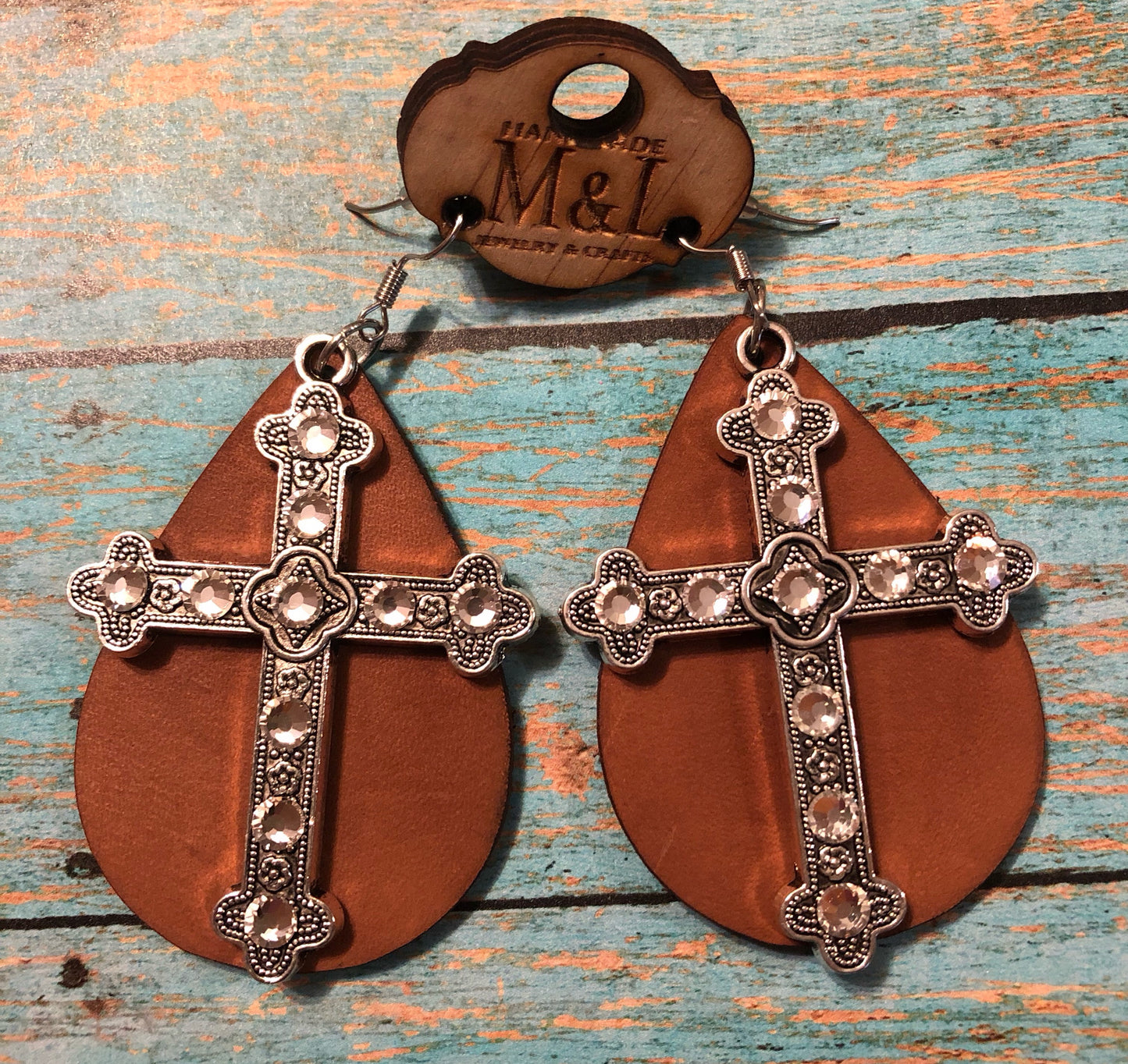 Cross/Clear Crystal Leather Earrings