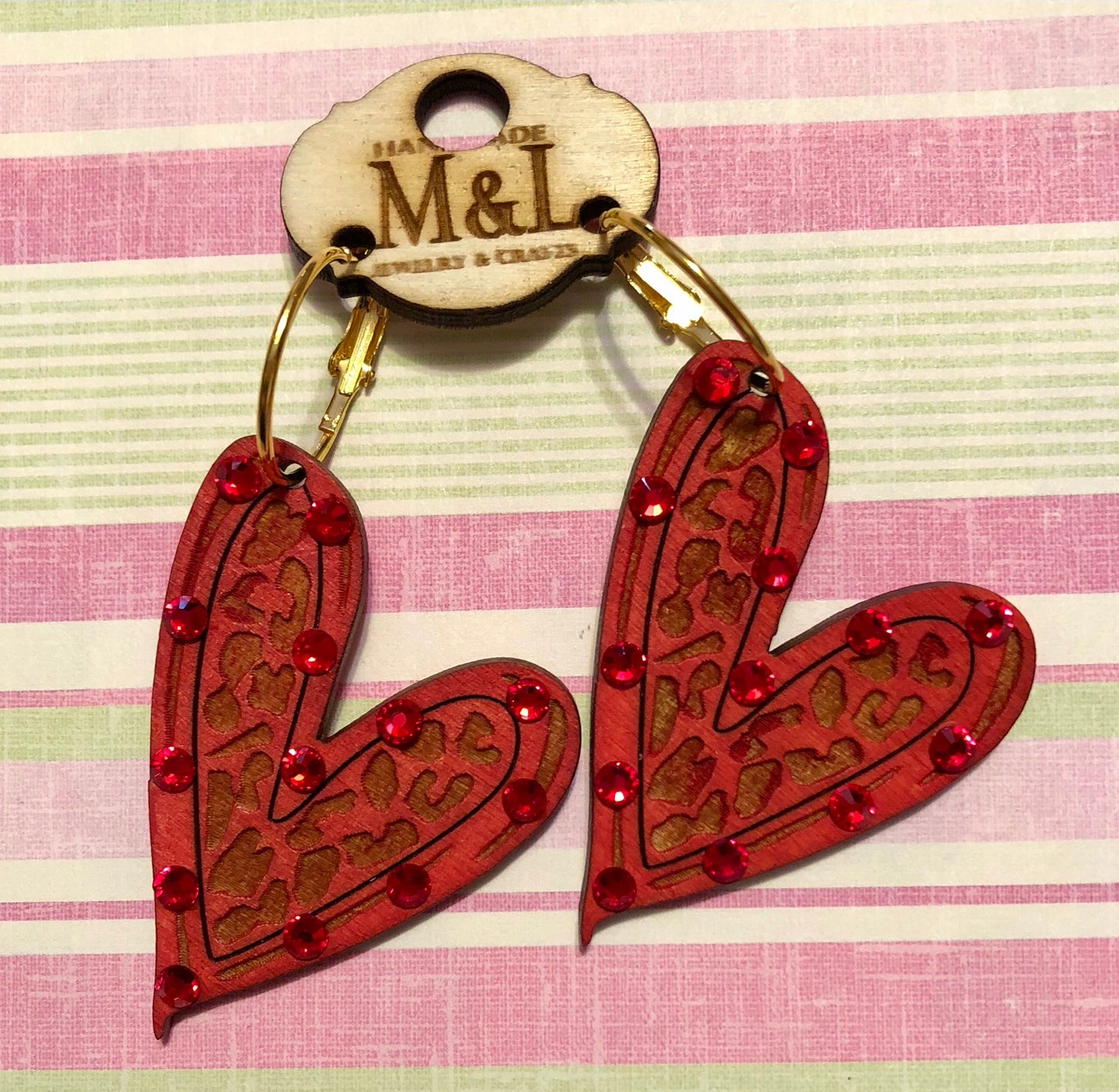 Wooden Red/Red Crystal Heart Earrings