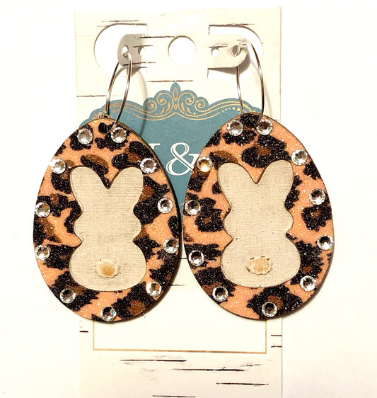 Bunny Leopard/Clear Crystal Wooden Earrings