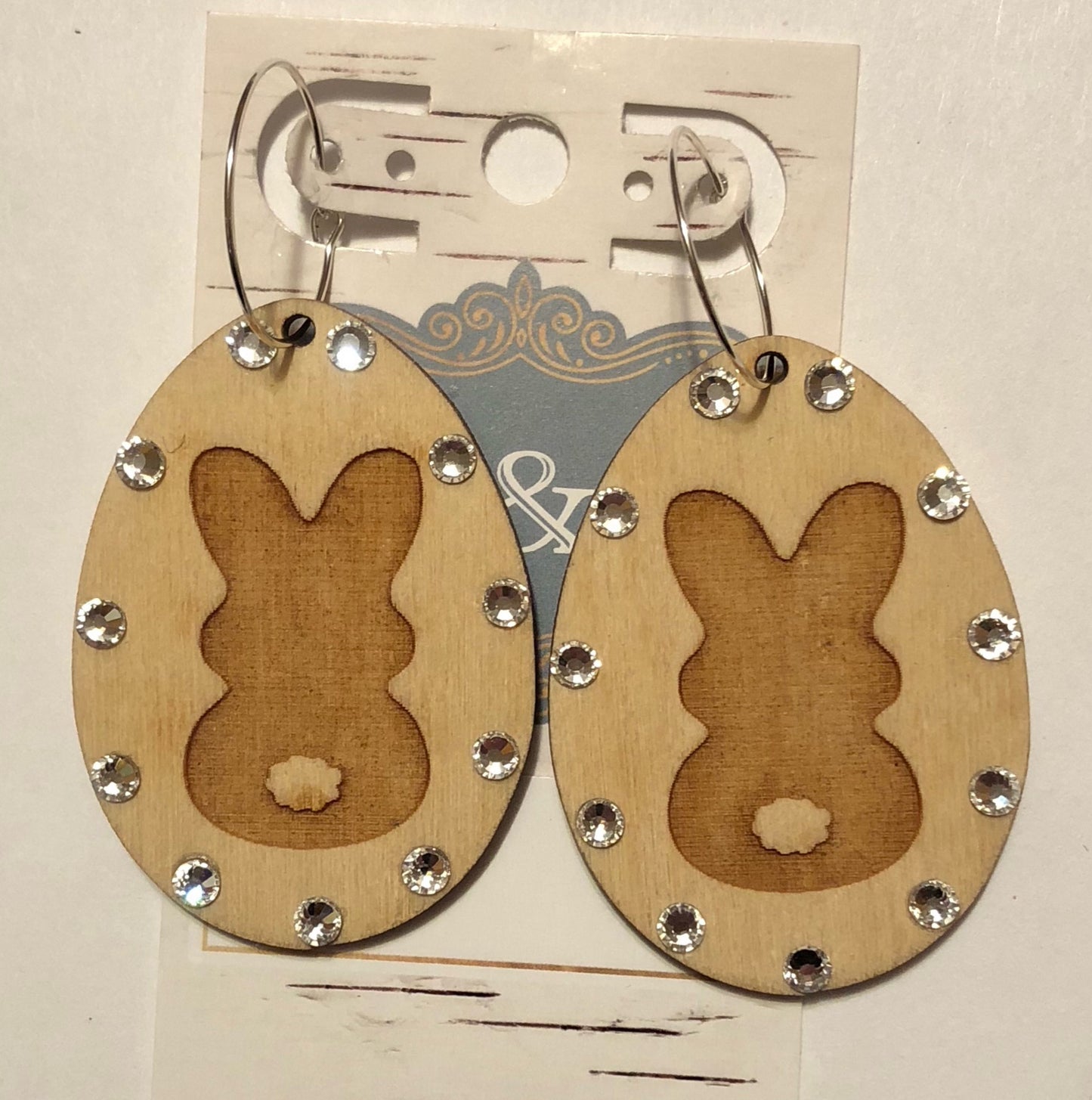 Bunny Clear Crystal Wooden Earrings