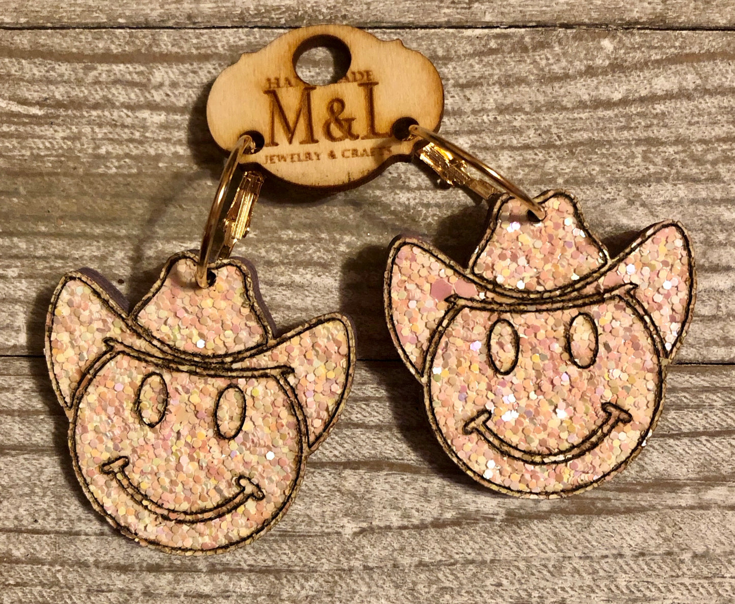 Cowboy Smiley Glitter Wooden Earrings