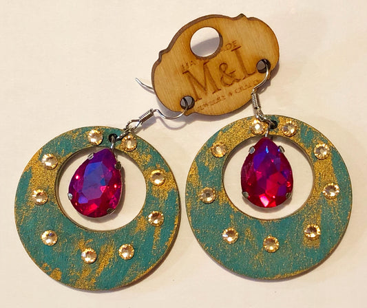 Wooden Round Pink Teardrop Crystal Earrings