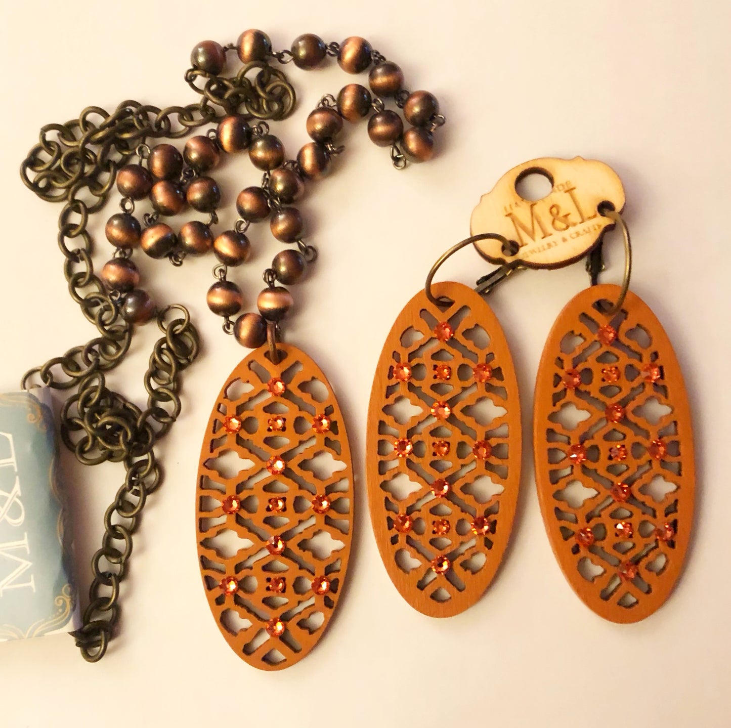 Wooden Terra Cotta Long Oval Pendant Earrings