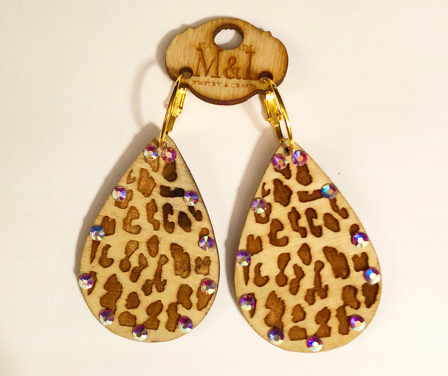 Wooden Leopard/AB Teardrop Earrings