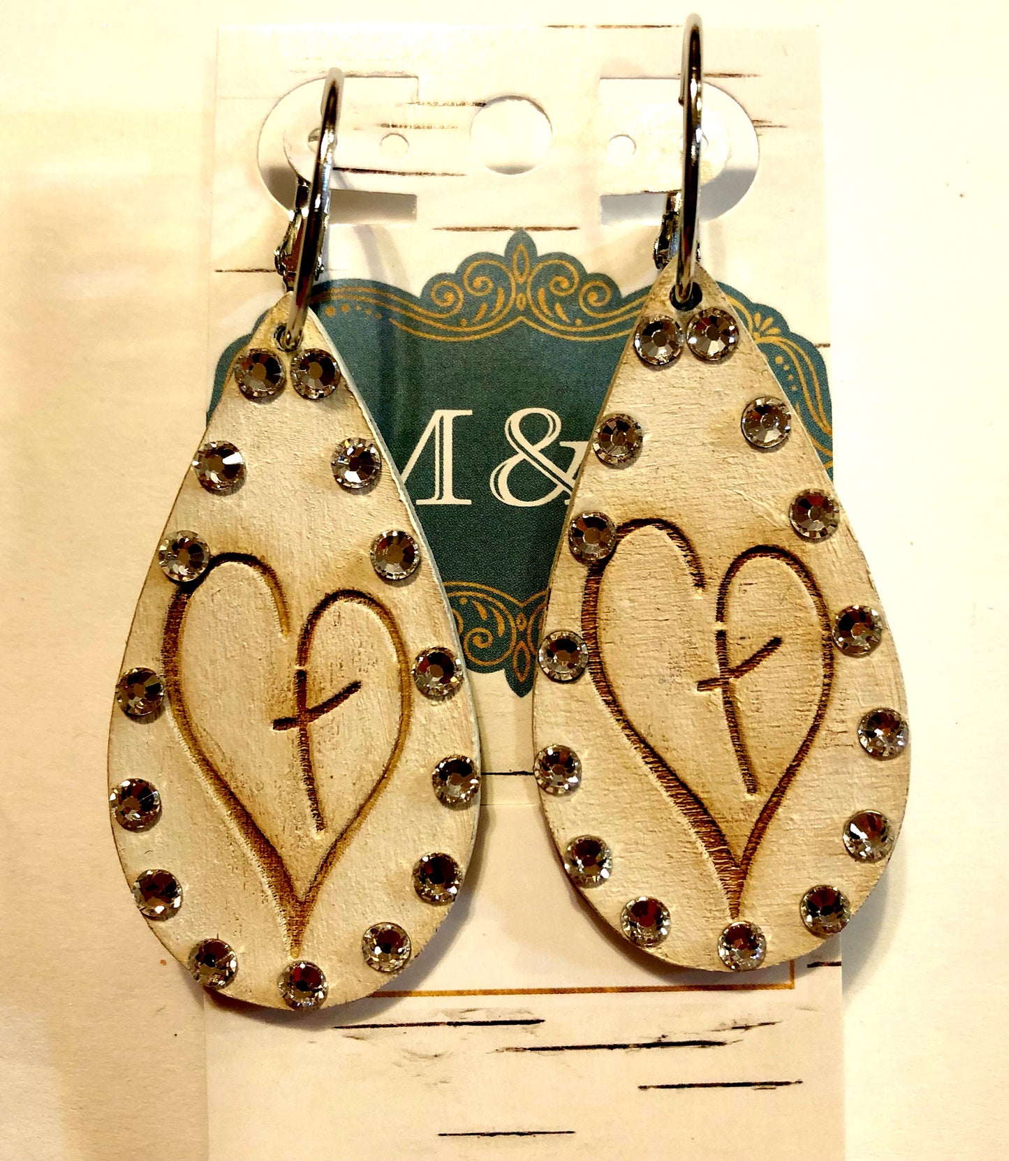 Wooden Heart Cross Earrings