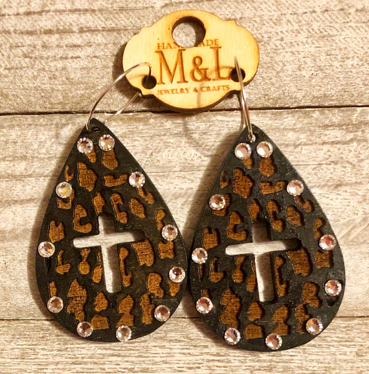 Wooden Cross Leopard Teardrop Earrings