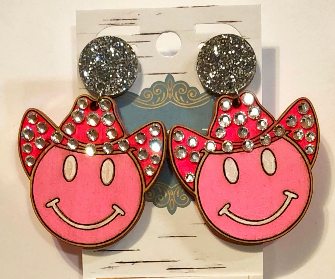 Pink Smiley Face Cowboy Earrings