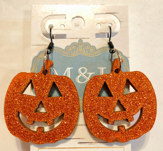 Wooden Glitter Orange Pumpkin Earrings