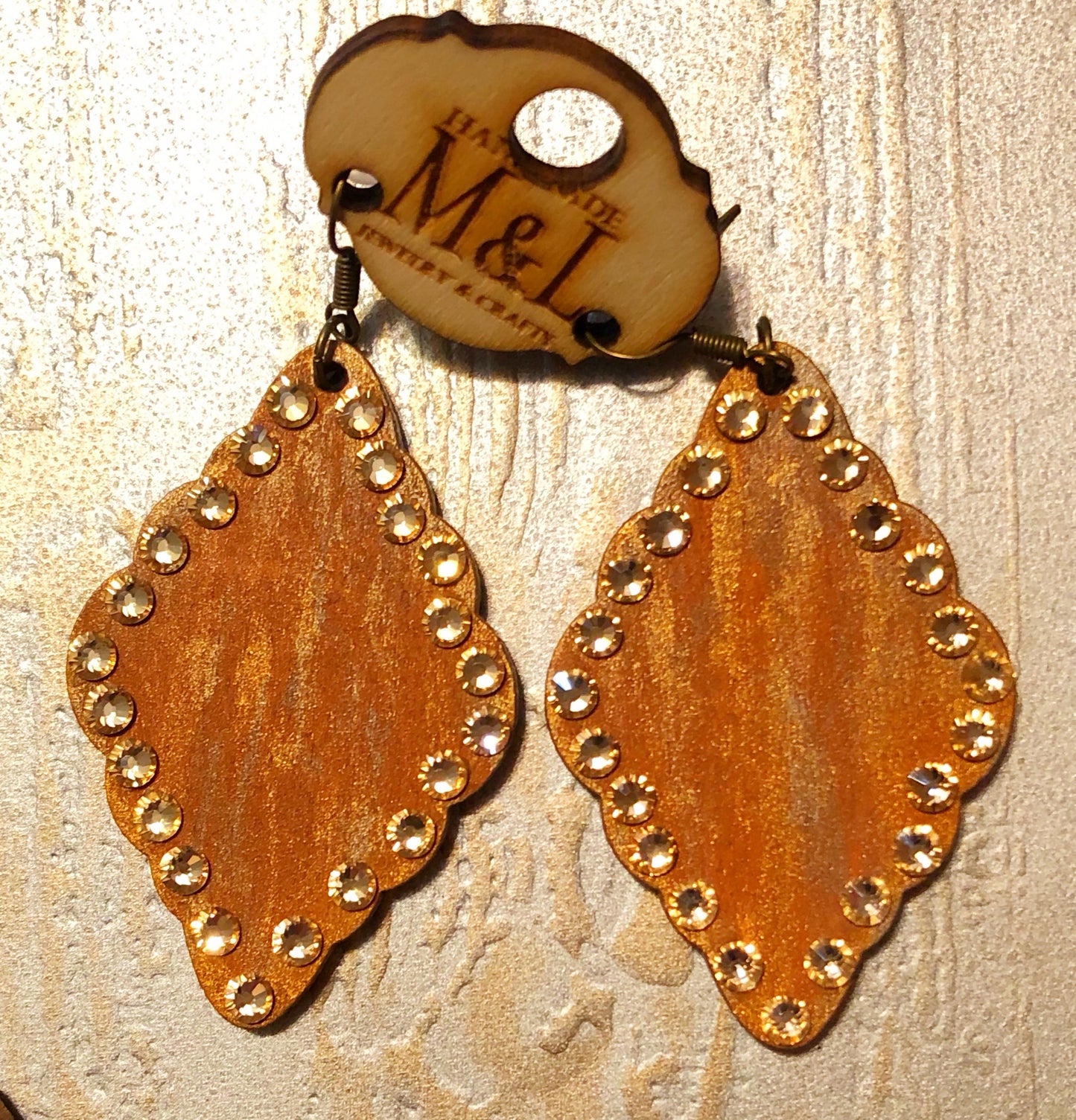 Wooden Golden Crystal Earrings