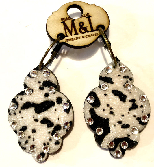 Wooden Black/White Cow Print Earrings