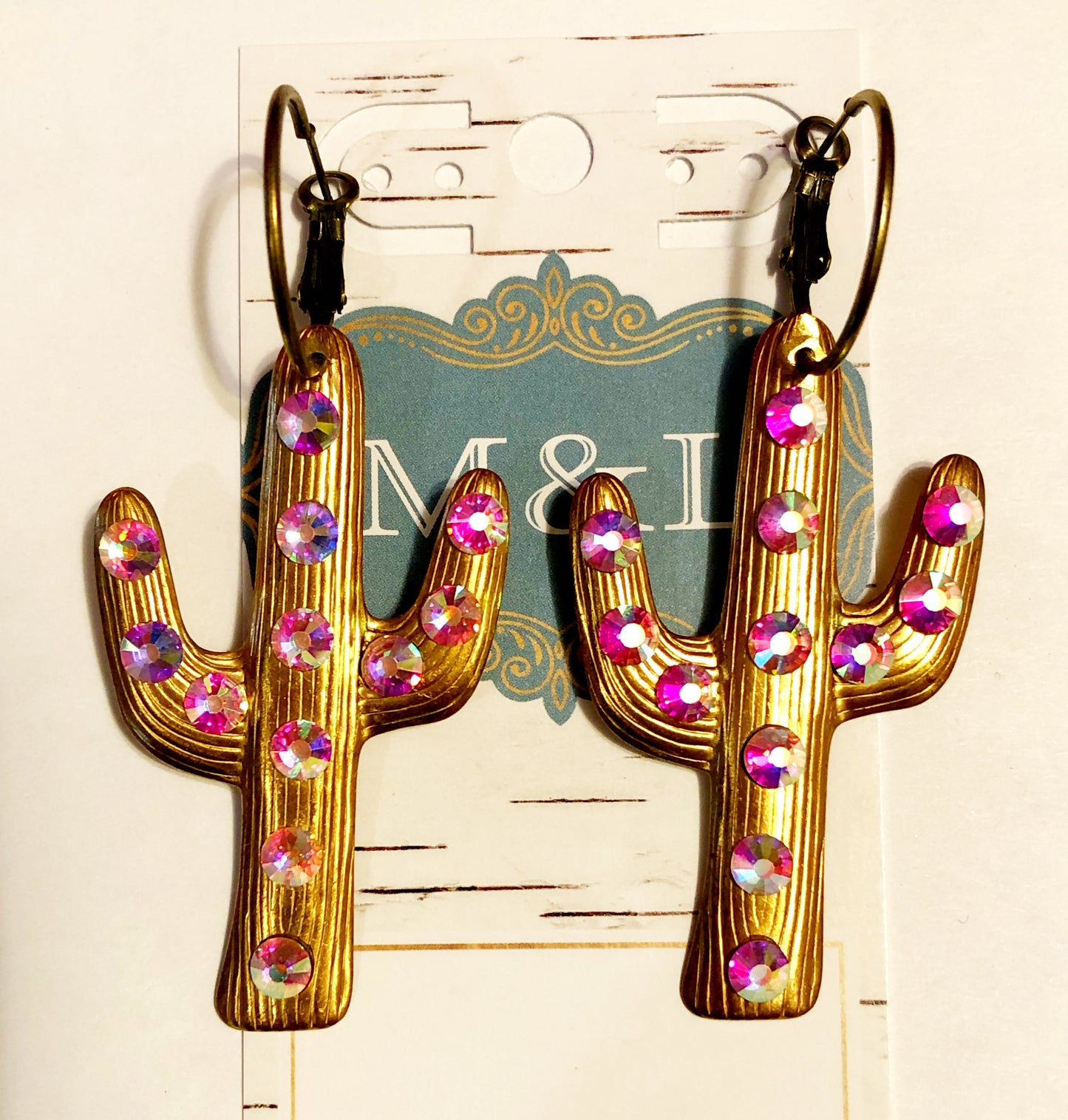 Brass/AB Crystals Cactus Earrings