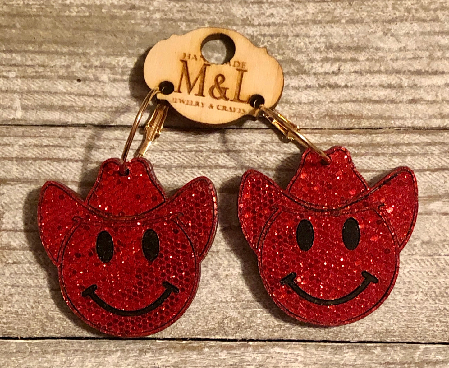 Red Cowboy Smiley Wooden Earrings