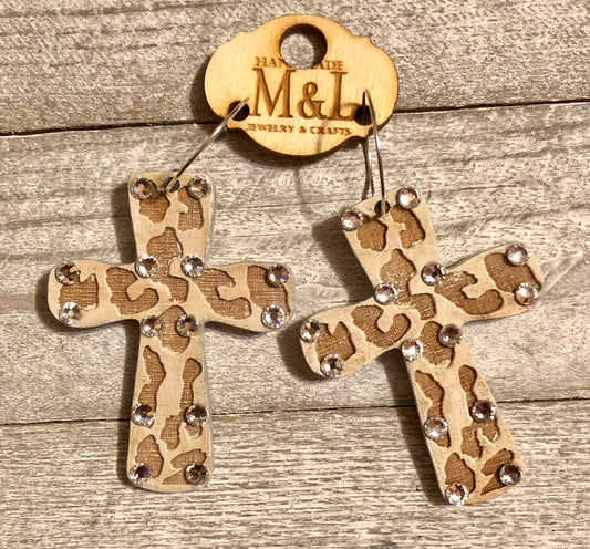 Wooden Leopard Cross Earrings