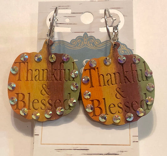 Wooden Thankful Pumpkin Earrings