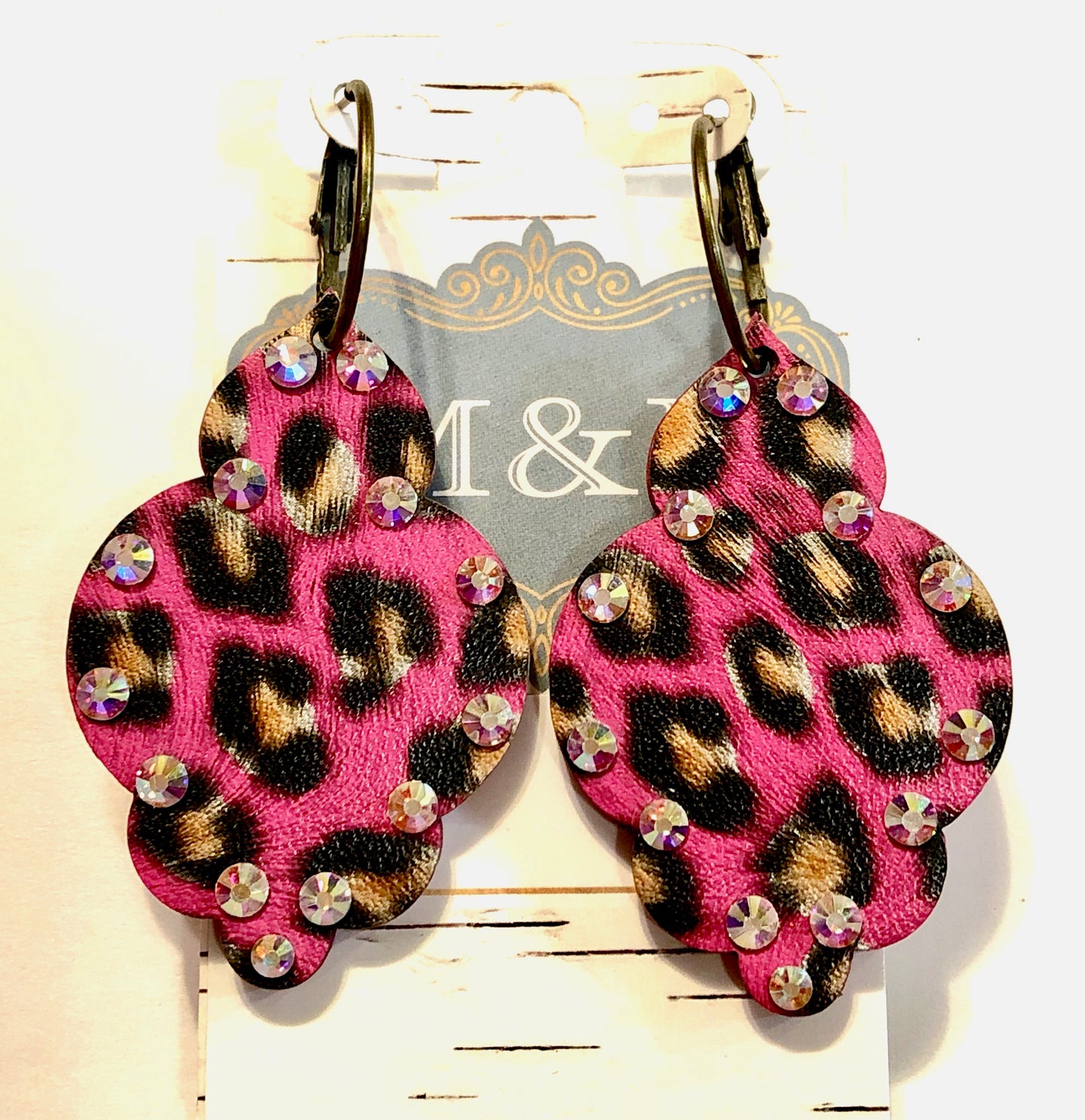 Wooden Pink Damask Leopard Earrings