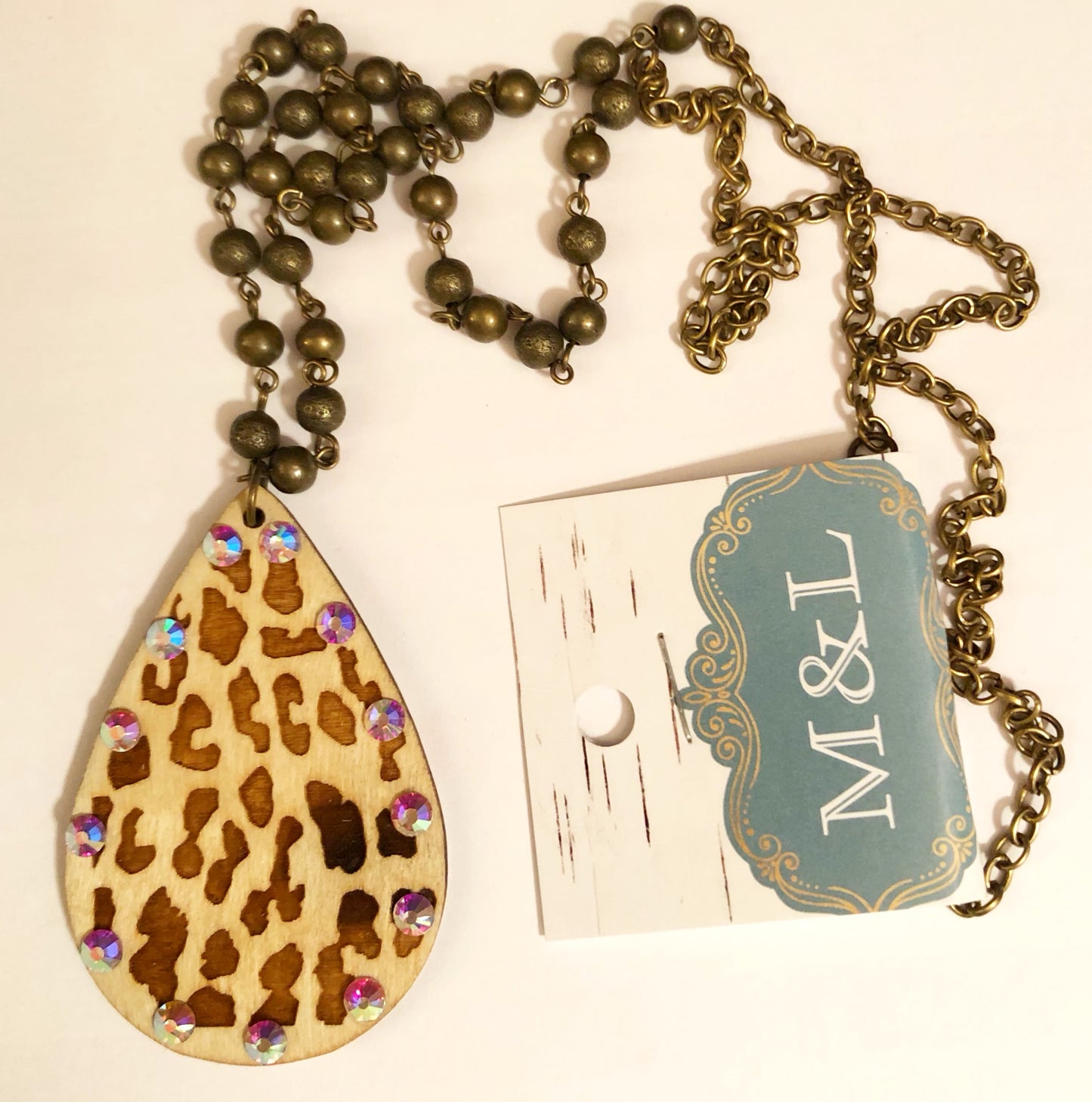 Wooden Leopard/AB Teardrop Necklace