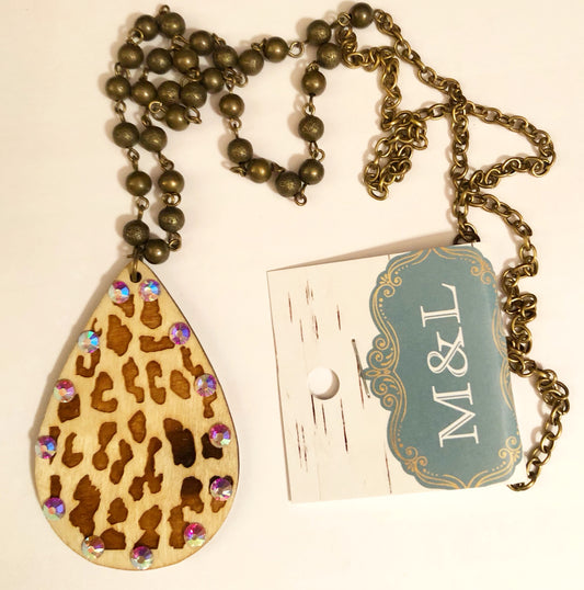 Wooden Leopard/AB Teardrop Necklace