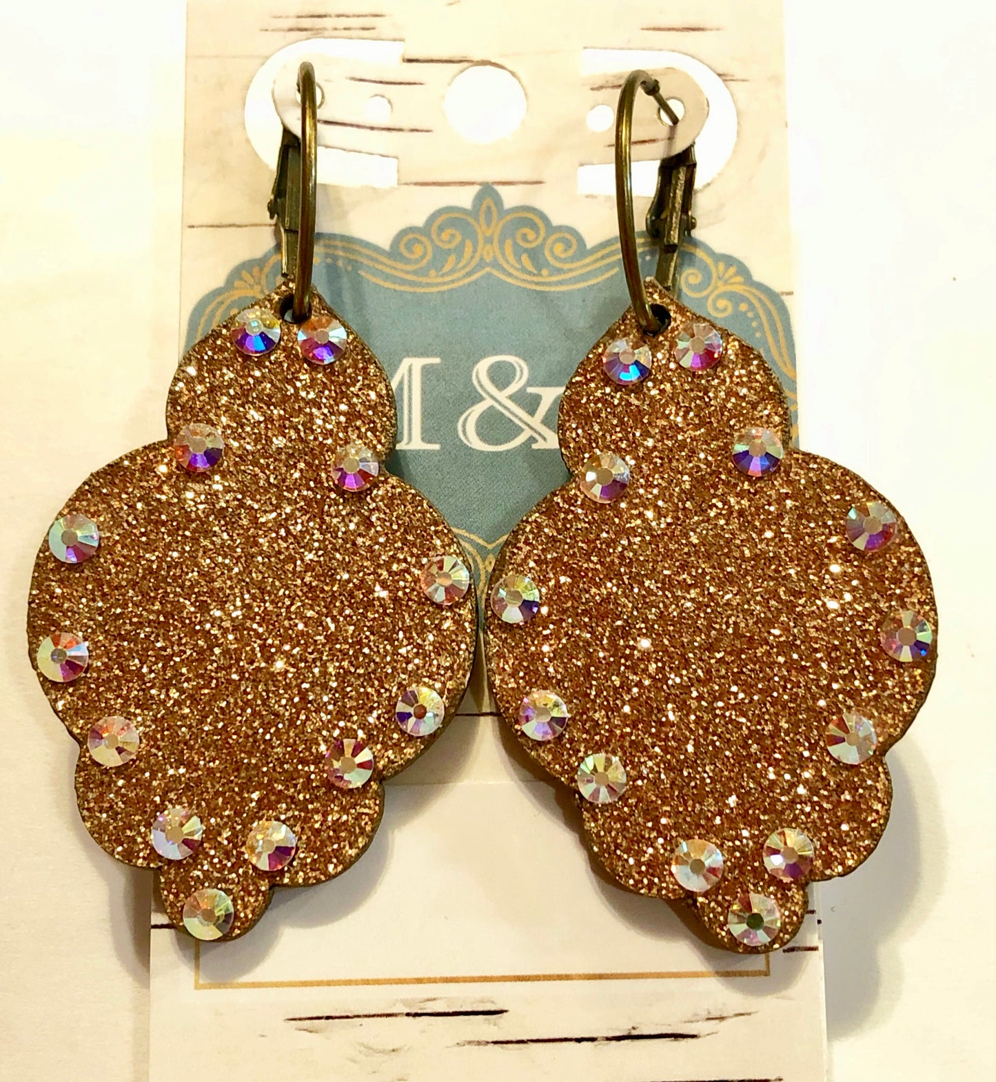 Wooden Glitter Gold Damask Earrings