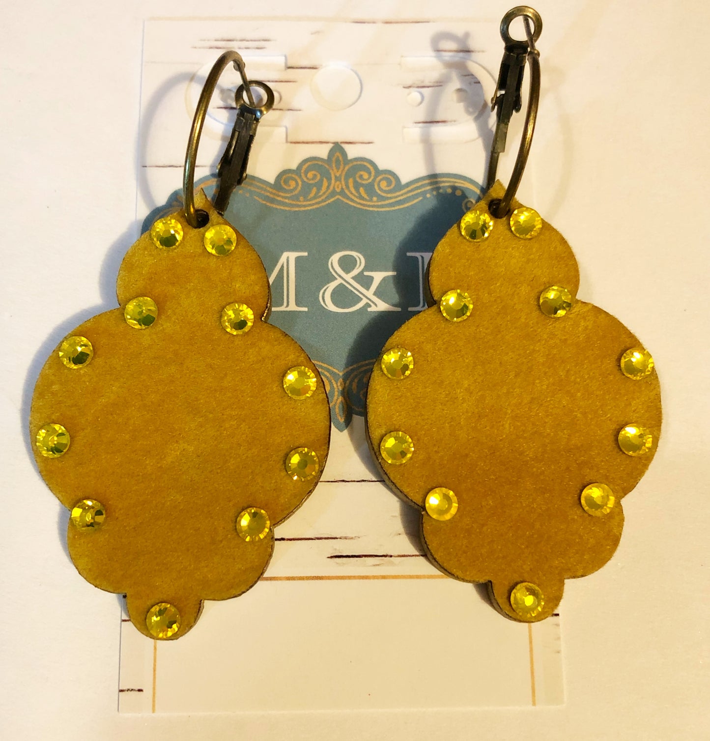 Wooden Velvet Mustard Damask Earrings