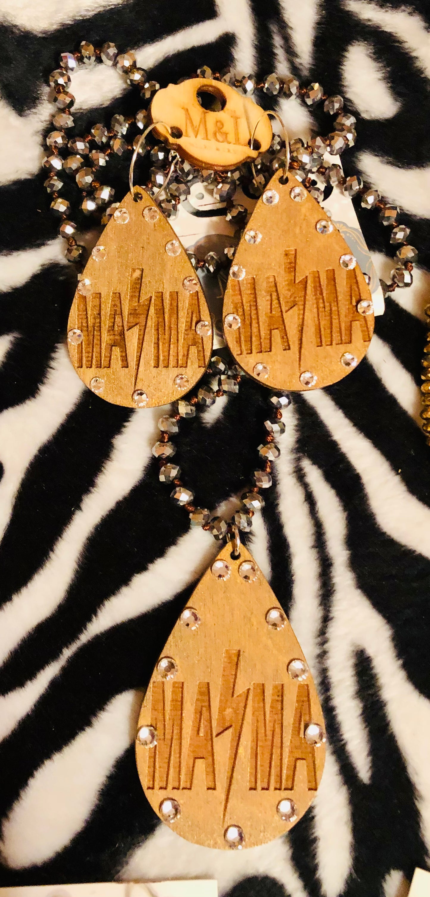 Wooden Mama Clear Crystal Pendant Earrings