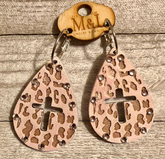 Wooden Leopard Cross Teardrop Earrings