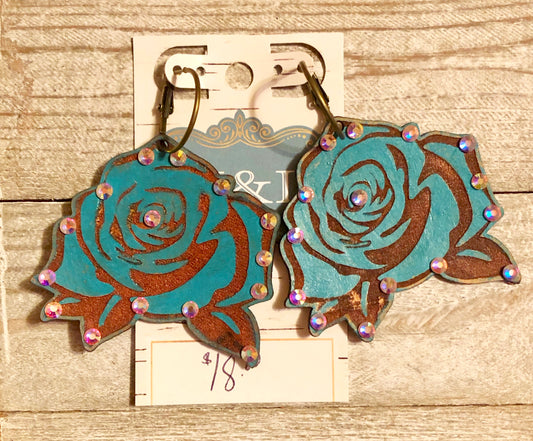 Leather Turquoise Rose Earrings