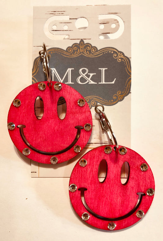 Wooden Hot Pink Smiley Face Earrings