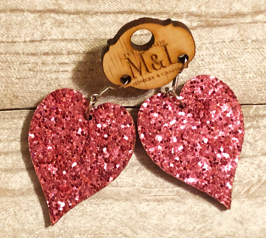 Pink Glitter Wooden Heart Earrings