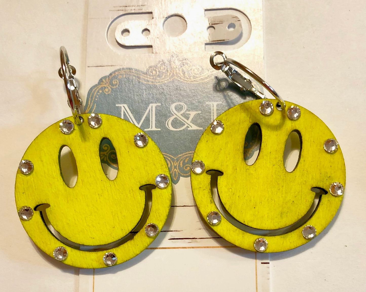 Wooden Yellow Smiley Face Earrings