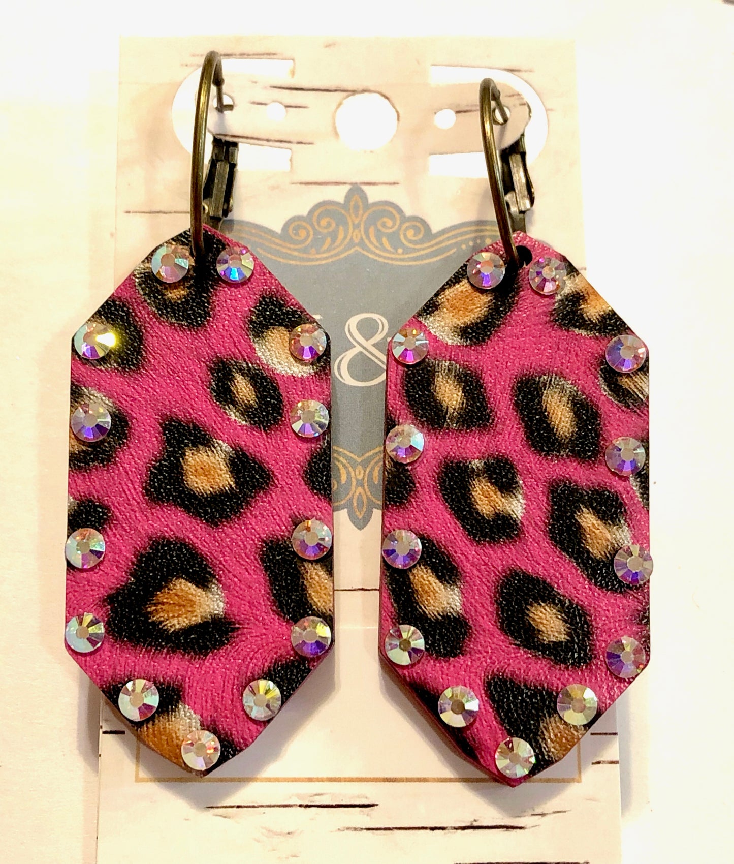 Wooden Pink Leopard Earrings