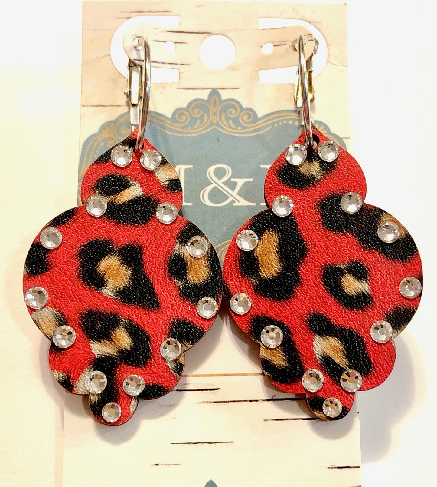 Wooden Red Leopard Damask Earrings