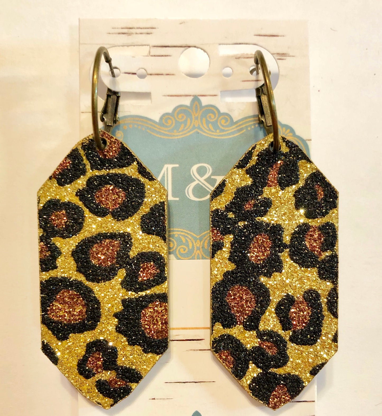 Wooden Gold Glitter Leopard Earrings