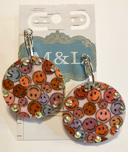 Wooden Glitter Smiley Face Earrings