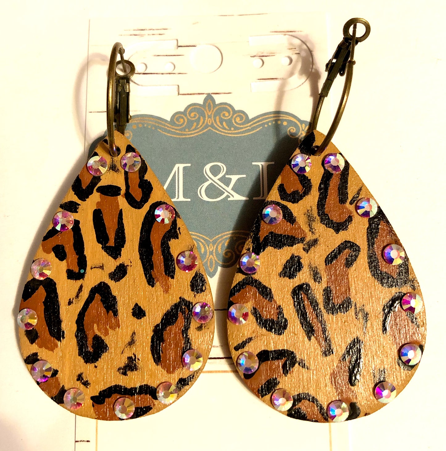 Wooden Leopard Teardrop Earrings