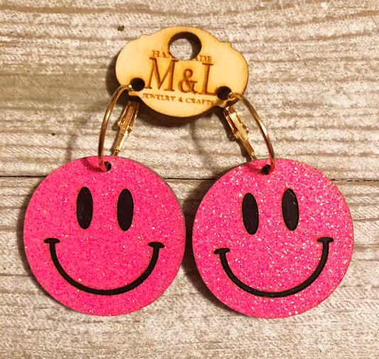 Hot Pink Smiley Wooden Earrings