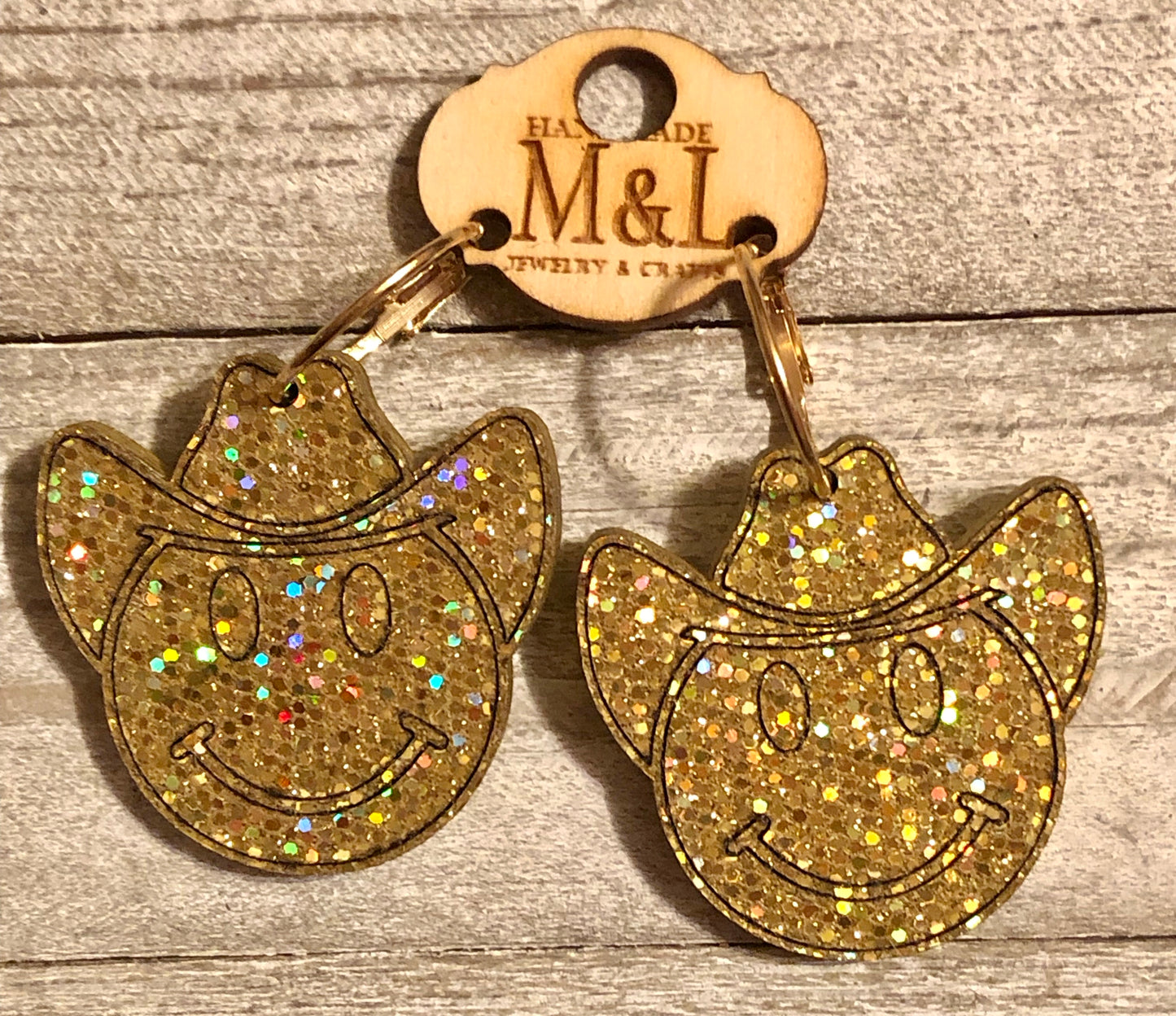 Gold Cowboy Smiley Wooden Earrings