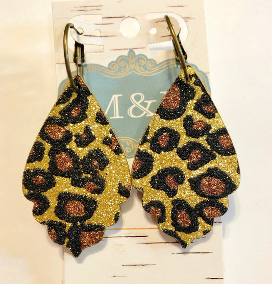 Wooden Glitter Gold  Leopard Earrings