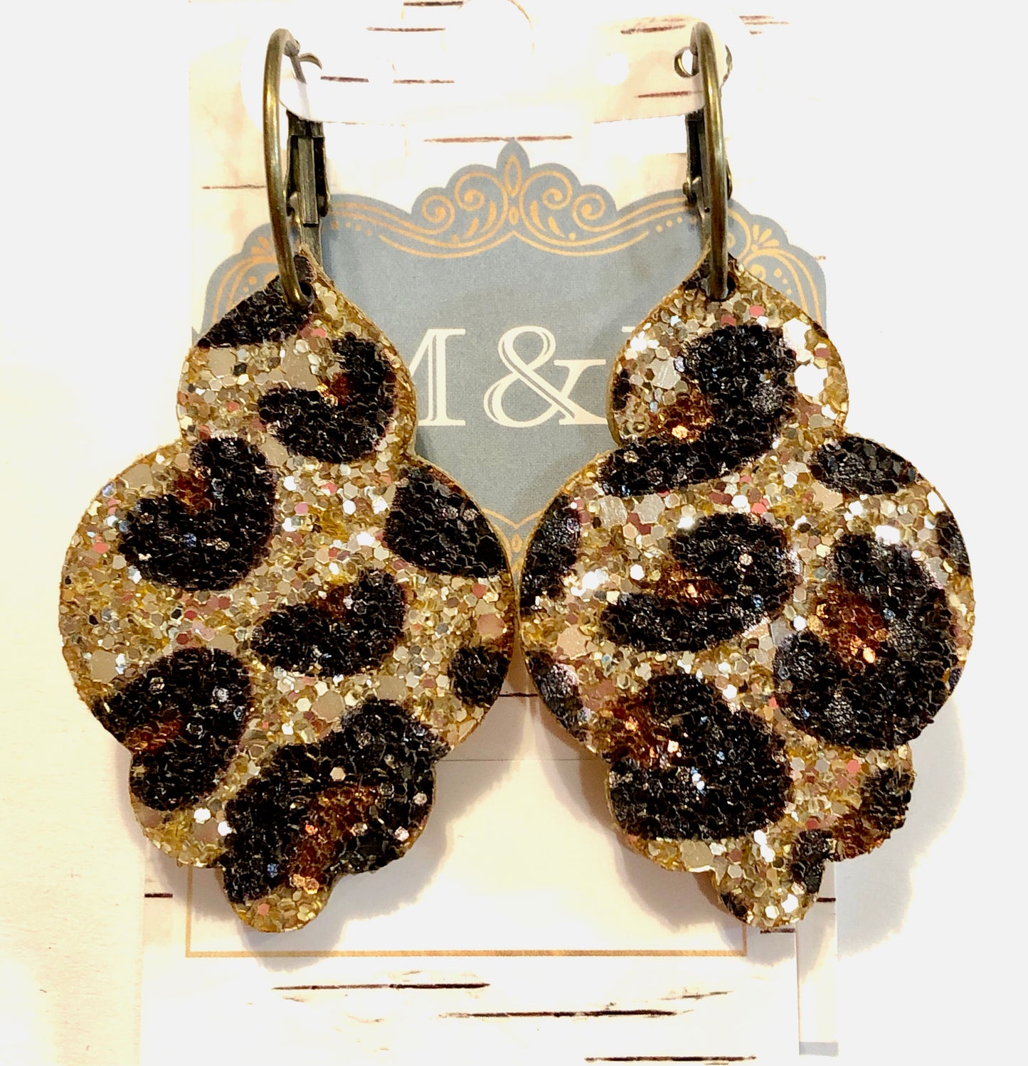 Wooden Gold Leopard Damask Earrings