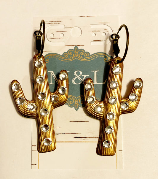 Brass/ Clear Crystals Cactus Earrings