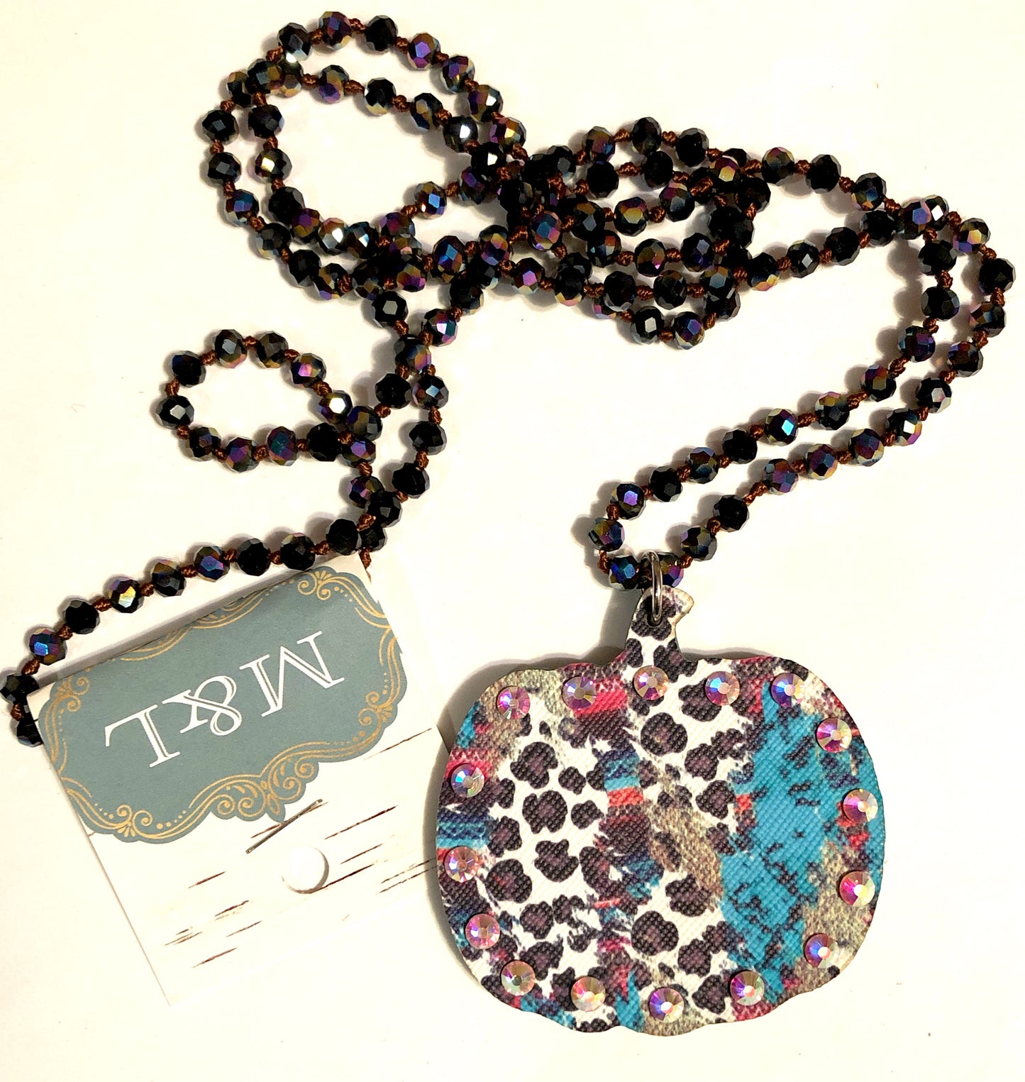 Wooden Turquoise/Leopard Pumpkin Necklace